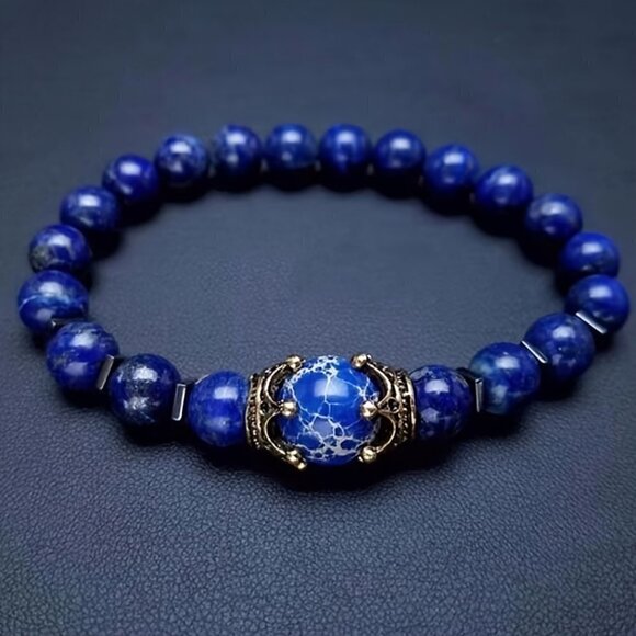 Lapis Lazuli and Imperial Stone Bead Antique Crown Bracelet - Picture 2 of 5